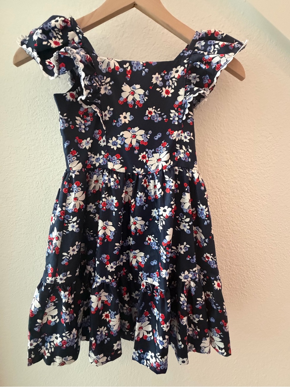 Janie and Jack Navy Floral Ruffle Dress with Red and White Accents- - Size 8